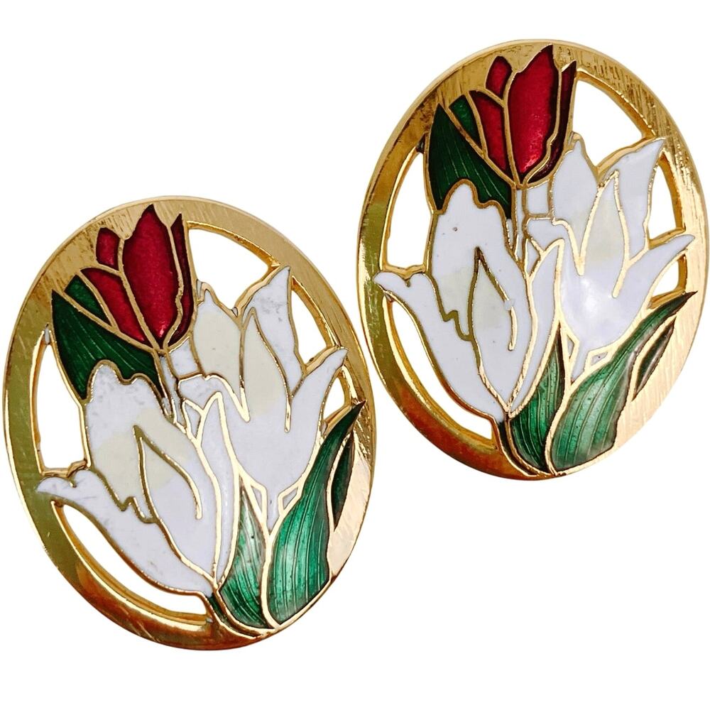 Vintage Cloisonne Enamel Earrings Floral Red Green Gold Jewelry Colorful